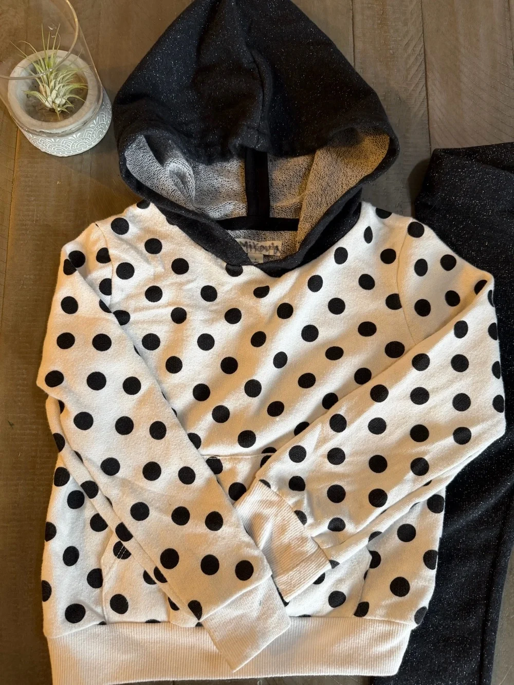 Tucker + Tate Black Polka Dot Hooded Matching Set with Silver Metalic Accents